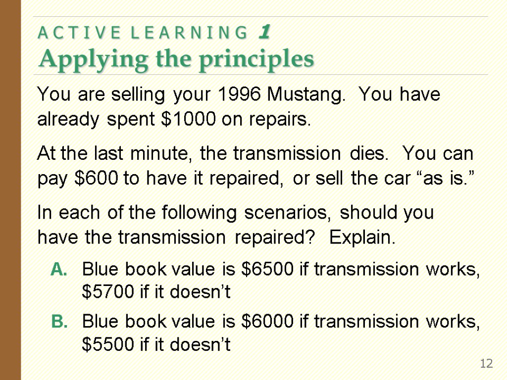 You are selling your 1996 Mustang. You have already spent $1000 on repairs. At